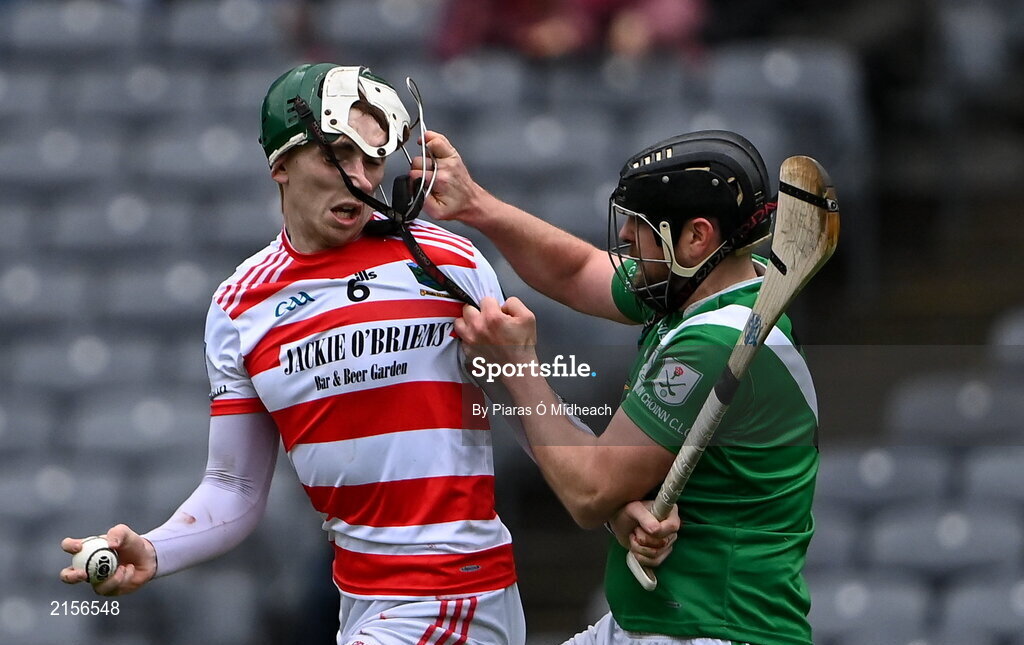 5 February 2022; Mark Keane of Ballygiblin is fouled by Cormac Daly of Mooncoin, who was show a yellow card, during the AIB GAA Hurling All-Ireland Junior Club Championship Final match between Ballygiblin, Cork, and Mooncoin, Kilkenny, at Croke Park in Dublin. Photo by Piaras Ó Mídheach/Sportsfile