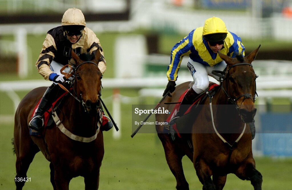 17 March 2004; Fundamentalist, right, with Carl Llewellyn up, races clear of Inglis Drever, with Graham Lee up, on the way to winning the Royal & Sunalliance Novices Hurdle Race, Cheltenham Festival, Prestbury Park, Cheltenham, England. Horse Racing. Picture credit; Damien Eagers / SPORTSFILE *EDI*