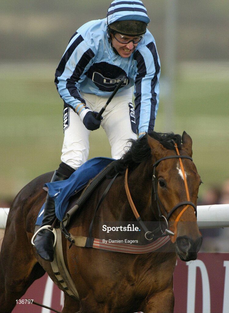 18 March 2004; Our Armageddon, with Larry McGrath up, celebrates after winning the Cathcart Challenge Cup Steeple Chase, Cheltenham Festival, Prestbury Park, Cheltenham, England. Horse Racing. Picture credit; Damien Eagers / SPORTSFILE *EDI*