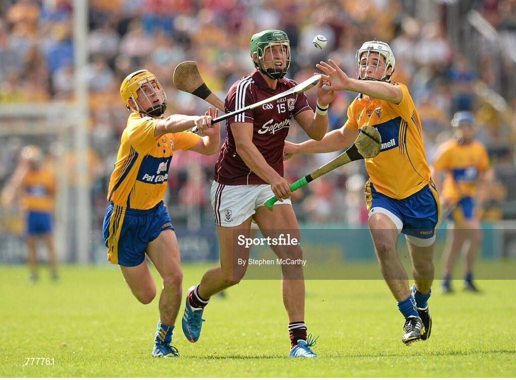 28 July 2013; Niall Burke, Galway, in action against Colm Galvin, left, and Patrick O'Connor, Clare. GAA Hurling All-Ireland Senior Championship, Quarter-Final, Galway v Clare, Semple Stadium, Thurles, Co. Tipperary. Picture credit: Stephen McCarthy / SPORTSFILE