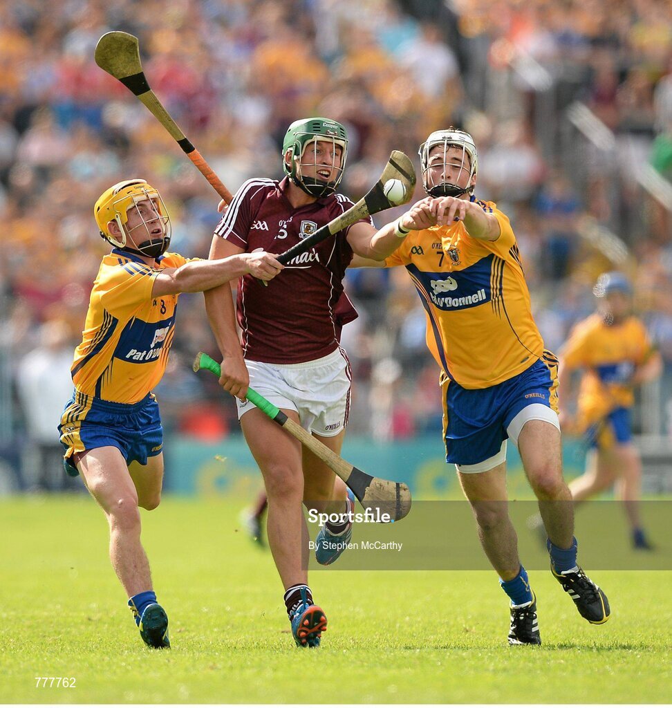 28 July 2013; Niall Burke, Galway, in action against Colm Galvin, left, and Patrick O'Connor, Clare. GAA Hurling All-Ireland Senior Championship, Quarter-Final, Galway v Clare, Semple Stadium, Thurles, Co. Tipperary. Picture credit: Stephen McCarthy / SPORTSFILE