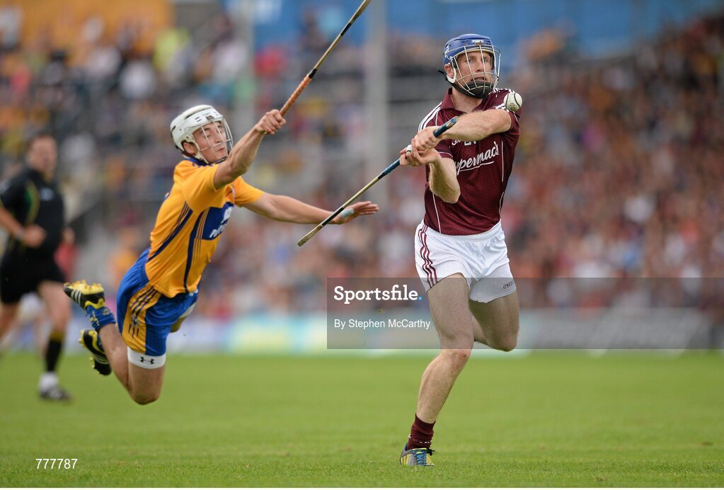 28 July 2013; Cyril Donnellan, Galway, in action against Patrick O'Connor, Clare. GAA Hurling All-Ireland Senior Championship, Quarter-Final, Galway v Clare, Semple Stadium, Thurles, Co. Tipperary. Picture credit: Stephen McCarthy / SPORTSFILE