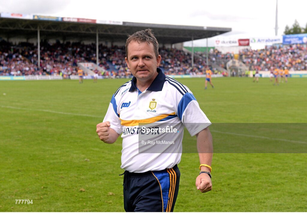 28 July 2013; The Clare manager, Davy Fitzgerald, celebrates winning a late free. GAA Hurling All-Ireland Senior Championship, Quarter-Final, Galway v Clare, Semple Stadium, Thurles, Co. Tipperary. Picture credit: Ray McManus / SPORTSFILE