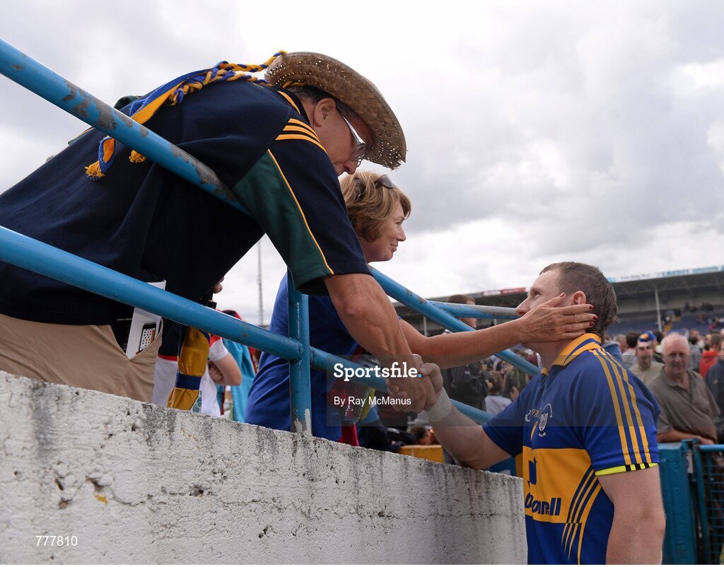 28 July 2013; Clare goalkeeper Patrick Kelly is congratulated by supporters after the game. GAA Hurling All-Ireland Senior Championship, Quarter-Final, Galway v Clare, Semple Stadium, Thurles, Co. Tipperary. Picture credit: Ray McManus / SPORTSFILE