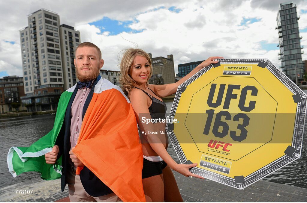 30 July 2013; UFC 163 will be live and exclusive on Setanta Sports this weekend and UFC fighter Conor ‘The Notorious’ McGregor and UFC Octagon Girl Carly Baker were in Dublin today ahead of the event which takes place in the HSBC Arena in Rio de Janeiro in the early hours of Sunday, 4th August 2013. Subscribe now for €19.99 per month either online or by calling our subscriber line on: 0818 20 30 40. From August 1st, Setanta Sports customers will be able to receive BT Sport 1, BT Sport 2 and the ESPN channel as part of the Setanta Sports Pack. This game changing deal means that Irish UFC fans will be able to watch over 30 live events per year, as well additional UFC programming such the Ultimate Fighter and Inside the Octagon. Grand Canal Square, Docklands, Dublin. Picture credit: David Maher / SPORTSFILE