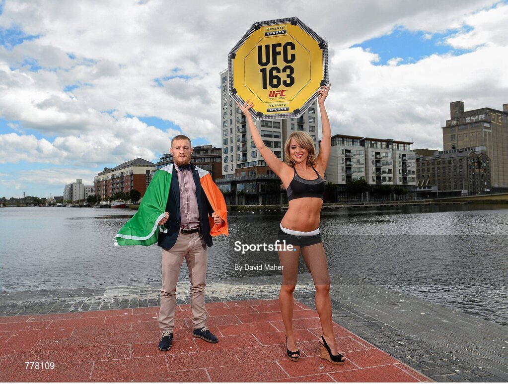30 July 2013; UFC 163 will be live and exclusive on Setanta Sports this weekend and UFC fighter Conor ‘The Notorious’ McGregor and UFC Octagon Girl Carly Baker were in Dublin today ahead of the event which takes place in the HSBC Arena in Rio de Janeiro in the early hours of Sunday, 4th August 2013. Subscribe now for €19.99 per month either online or by calling our subscriber line on: 0818 20 30 40. From August 1st, Setanta Sports customers will be able to receive BT Sport 1, BT Sport 2 and the ESPN channel as part of the Setanta Sports Pack. This game changing deal means that Irish UFC fans will be able to watch over 30 live events per year, as well additional UFC programming such the Ultimate Fighter and Inside the Octagon. Grand Canal Square, Docklands, Dublin. Picture credit: David Maher / SPORTSFILE