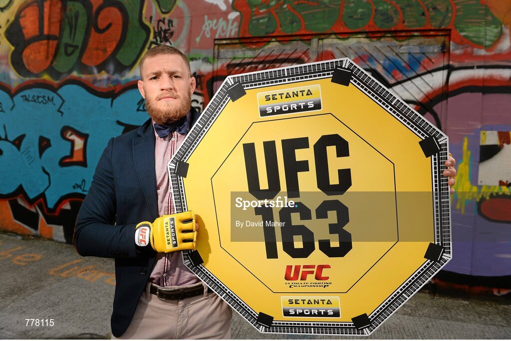 30 July 2013; UFC 163 will be live and exclusive on Setanta Sports this weekend and UFC fighter Conor ‘The Notorious’ McGregor was in Dublin today ahead of the event which takes place in the HSBC Arena in Rio de Janeiro in the early hours of Sunday, 4th August 2013. Subscribe now for €19.99 per month either online or by calling our subscriber line on: 0818 20 30 40. From August 1st, Setanta Sports customers will be able to receive BT Sport 1, BT Sport 2 and the ESPN channel as part of the Setanta Sports Pack. This game changing deal means that Irish UFC fans will be able to watch over 30 live events per year, as well additional UFC programming such the Ultimate Fighter and Inside the Octagon. Setanta Sports, Prince’s Street, Dublin. Picture credit: David Maher / SPORTSFILE