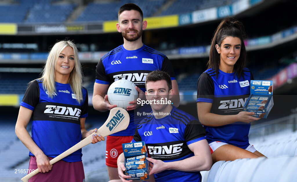 14 February 2022; An exciting new Irish protein cookies brand will hit shelves this month, endorsed by the GAA and GPA. East Coast Bakehouse have announced the launch of a new Irish Protein brand called In the Zone, created in partnership with the GAA and GPA as The Official Players Choice. The new range comprises of 4 tasty variants, two high protein low sugar cookies – Soft Bake Double Chocolate flavour and Soft Bake Cookies & Cream flavour, both with 20g of protein, as well as two high protein biscuits with 10g of protein – Crunchy Double Chocolate flavour and Crunchy Salted Caramel flavour. In attendance at the In the Zone – The Official Protein Cookies & Biscuits of the GAA & GPA Launch event at Croke Park in Dublin are, from left, Sarah Dervan of Galway, Padraig Hampsey of Tyrone, Tony Kelly of Clare and Erika O'Shea of Cork. Photo by Brendan Moran/Sportsfile