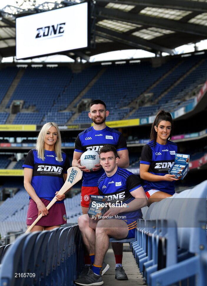 14 February 2022; An exciting new Irish protein cookies brand will hit shelves this month, endorsed by the GAA and GPA. East Coast Bakehouse have announced the launch of a new Irish Protein brand called In the Zone, created in partnership with the GAA and GPA as The Official Players Choice. The new range comprises of 4 tasty variants, two high protein low sugar cookies – Soft Bake Double Chocolate flavour and Soft Bake Cookies & Cream flavour, both with 20g of protein, as well as two high protein biscuits with 10g of protein – Crunchy Double Chocolate flavour and Crunchy Salted Caramel flavour. In attendance at the In the Zone – The Official Protein Cookies & Biscuits of the GAA & GPA Launch event at Croke Park in Dublin are, from left, Sarah Dervan of Galway, Padraig Hampsey of Tyrone, Tony Kelly of Clare and Erika O'Shea of Cork. Photo by Brendan Moran/Sportsfile