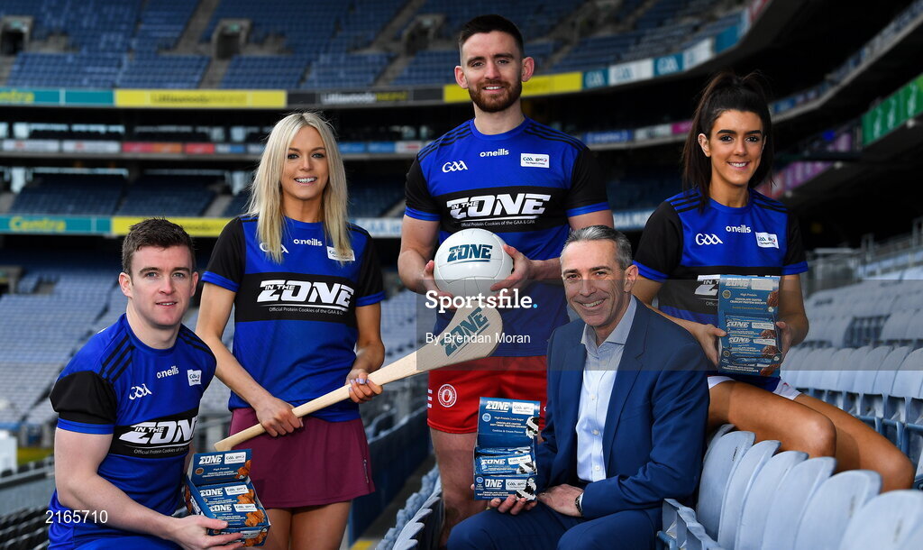 14 February 2022; An exciting new Irish protein cookies brand will hit shelves this month, endorsed by the GAA and GPA. East Coast Bakehouse have announced the launch of a new Irish Protein brand called In the Zone, created in partnership with the GAA and GPA as The Official Players Choice. The new range comprises of 4 tasty variants, two high protein low sugar cookies – Soft Bake Double Chocolate flavour and Soft Bake Cookies & Cream flavour, both with 20g of protein, as well as two high protein biscuits with 10g of protein – Crunchy Double Chocolate flavour and Crunchy Salted Caramel flavour. In attendance at the In the Zone – The Official Protein Cookies & Biscuits of the GAA & GPA Launch event at Croke Park in Dublin are, from left, Tony Kelly of Clare, Sarah Dervan of Galway, Padraig Hampsey of Tyrone, East Coast Bakehouse managing director Sean Murphy and Erika O'Shea of Cork. Photo by Brendan Moran/Sportsfile