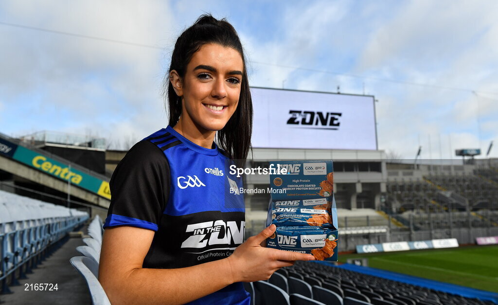 14 February 2022; An exciting new Irish protein cookies brand will hit shelves this month, endorsed by the GAA and GPA. East Coast Bakehouse have announced the launch of a new Irish Protein brand called In the Zone, created in partnership with the GAA and GPA as The Official Players Choice. The new range comprises of 4 tasty variants, two high protein low sugar cookies – Soft Bake Double Chocolate flavour and Soft Bake Cookies & Cream flavour, both with 20g of protein, as well as two high protein biscuits with 10g of protein – Crunchy Double Chocolate flavour and Crunchy Salted Caramel flavour. In attendance at the In the Zone – The Official Protein Cookies & Biscuits of the GAA & GPA Launch event at Croke Park in Dublin is Erika O'Shea of Cork. Photo by Brendan Moran/Sportsfile
