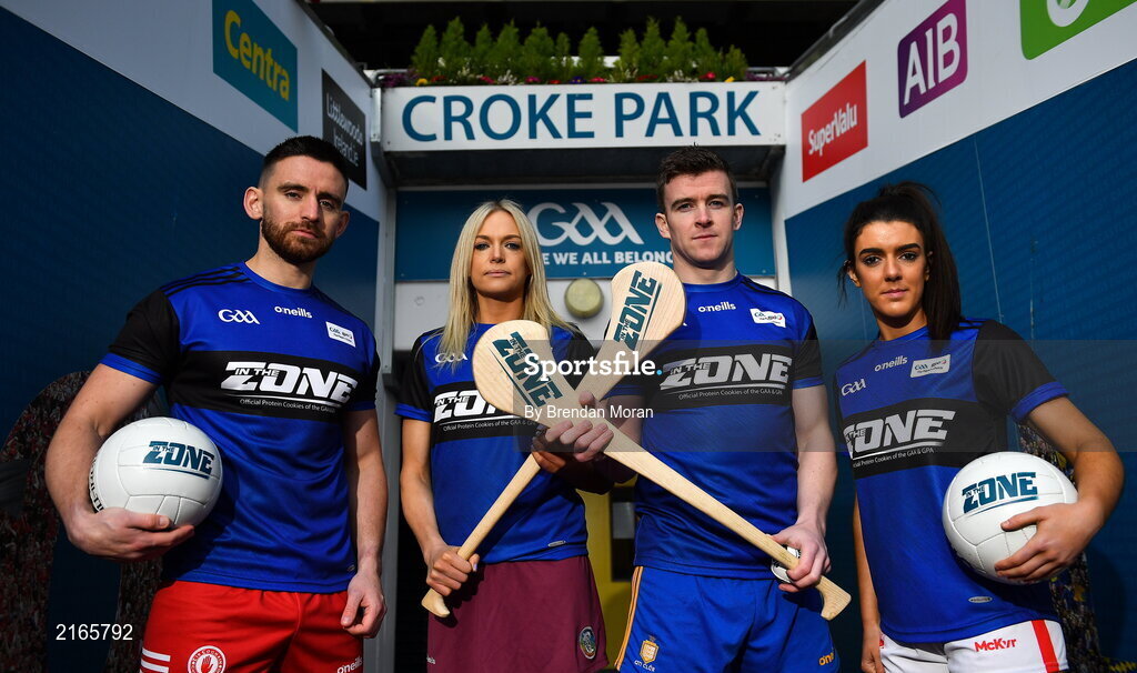 14 February 2022; An exciting new Irish protein cookies brand will hit shelves this month, endorsed by the GAA and GPA. East Coast Bakehouse have announced the launch of a new Irish Protein brand called In the Zone, created in partnership with the GAA and GPA as The Official Players Choice. The new range comprises of 4 tasty variants, two high protein low sugar cookies – Soft Bake Double Chocolate flavour and Soft Bake Cookies & Cream flavour, both with 20g of protein, as well as two high protein biscuits with 10g of protein – Crunchy Double Chocolate flavour and Crunchy Salted Caramel flavour. In attendance at the In the Zone – The Official Protein Cookies & Biscuits of the GAA & GPA Launch event at Croke Park in Dublin are from left, Padraig Hampsey of Tyrone, Sarah Dervan of Galway, Tony Kelly of Clare and Erika O'Shea of Cork. Photo by Brendan Moran/Sportsfile