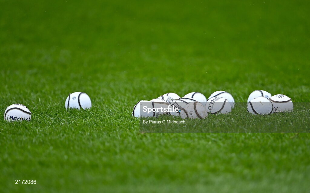 5 February 2022; A general view of sliotars on the pitch for the warm-up before the AIB GAA Hurling All-Ireland Junior Club Championship Final match between Ballygiblin, Cork, and Mooncoin, Kilkenny, at Croke Park in Dublin. Photo by Piaras Ó Mídheach/Sportsfile