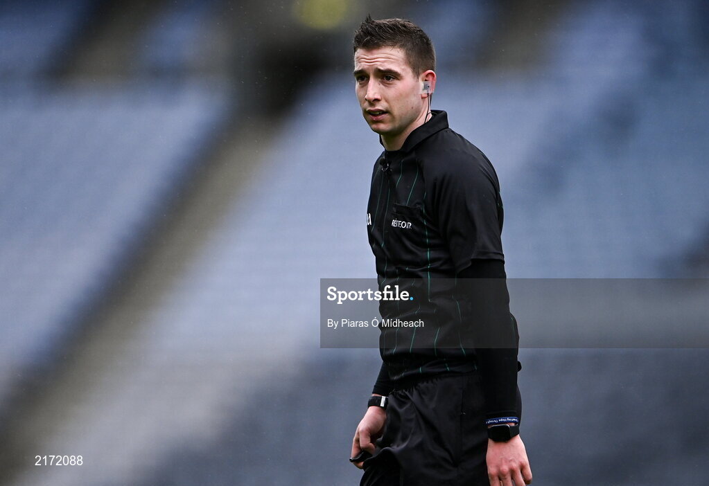 5 February 2022; Referee Brian Keon during the AIB GAA Hurling All-Ireland Junior Club Championship Final match between Ballygiblin, Cork, and Mooncoin, Kilkenny, at Croke Park in Dublin. Photo by Piaras Ó Mídheach/Sportsfile