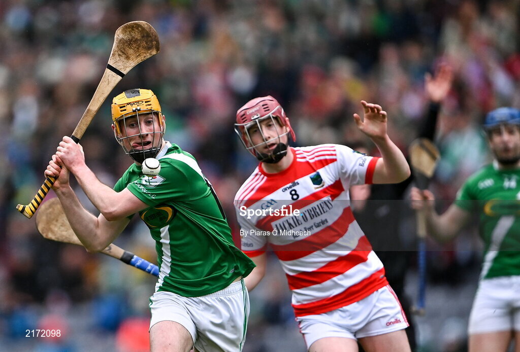 5 February 2022; Killian Hogan of Mooncoin is tackled by Ryan Donegan of Ballygiblin during the AIB GAA Hurling All-Ireland Junior Club Championship Final match between Ballygiblin, Cork, and Mooncoin, Kilkenny, at Croke Park in Dublin. Photo by Piaras Ó Mídheach/Sportsfile