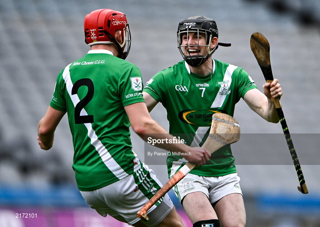 5 February 2022; Mooncoin players Jim Delahunty, left, and Aidan Doyle celebrate after their side's victory in the AIB GAA Hurling All-Ireland Junior Club Championship Final match between Ballygiblin, Cork, and Mooncoin, Kilkenny, at Croke Park in Dublin. Photo by Piaras Ó Mídheach/Sportsfile