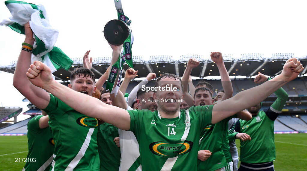 5 February 2022; Patrick Walsh of Mooncoin celebrates after his side's victory in the AIB GAA Hurling All-Ireland Junior Club Championship Final match between Ballygiblin, Cork, and Mooncoin, Kilkenny, at Croke Park in Dublin. Photo by Piaras Ó Mídheach/Sportsfile