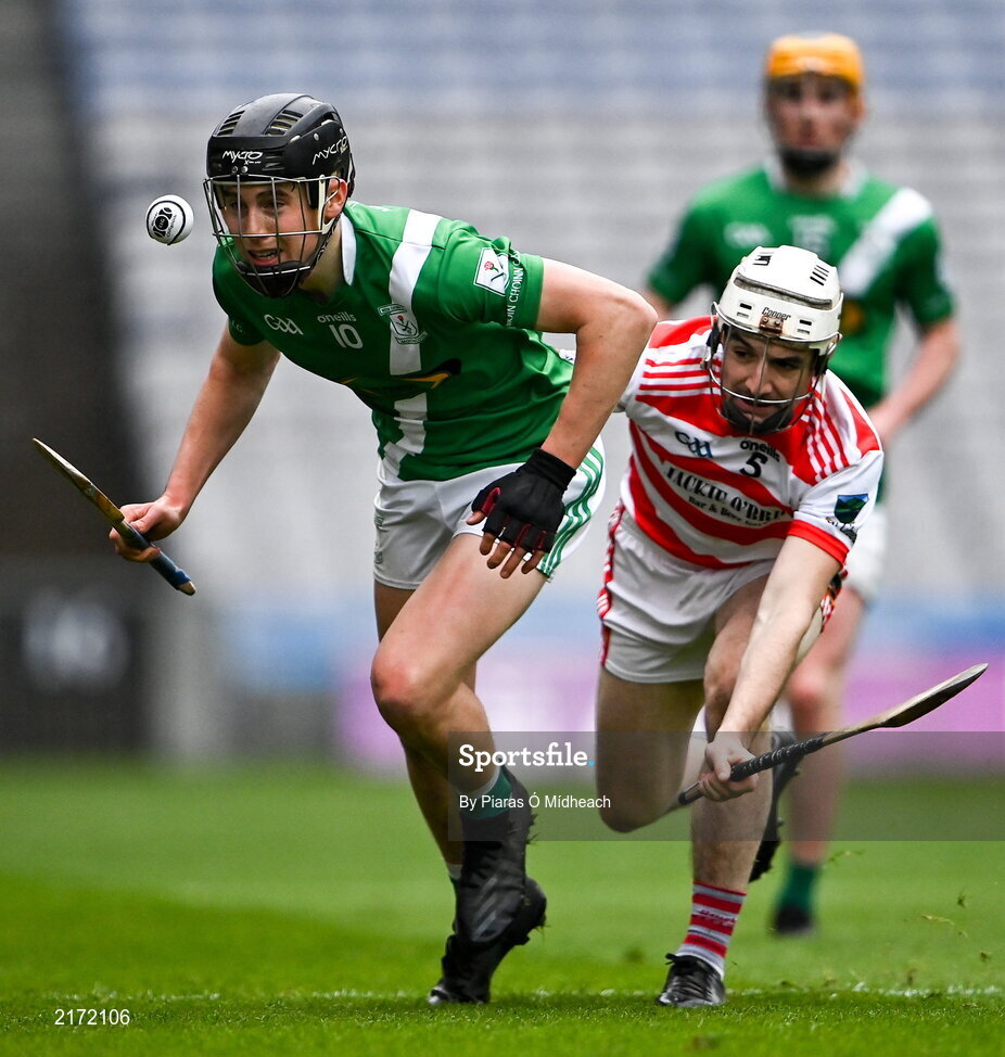 5 February 2022; Ciarán Quilty of Mooncoin in action against Barry Coffey of Ballygiblin during the AIB GAA Hurling All-Ireland Junior Club Championship Final match between Ballygiblin, Cork, and Mooncoin, Kilkenny, at Croke Park in Dublin. Photo by Piaras Ó Mídheach/Sportsfile