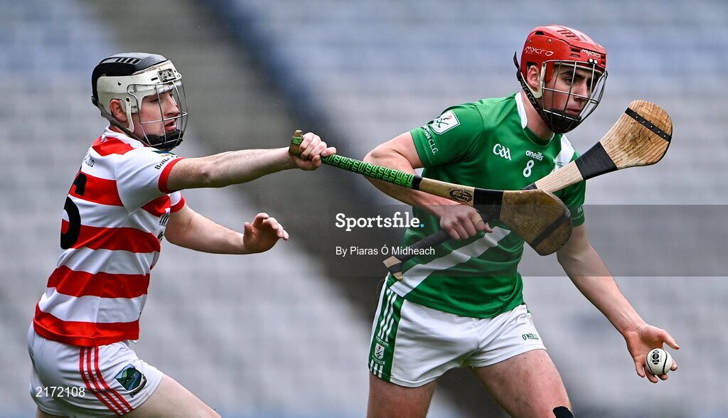 5 February 2022; Máirtin Gannon of Mooncoin is tackled by Dean Barry of Ballygiblin during the AIB GAA Hurling All-Ireland Junior Club Championship Final match between Ballygiblin, Cork, and Mooncoin, Kilkenny, at Croke Park in Dublin. Photo by Piaras Ó Mídheach/Sportsfile