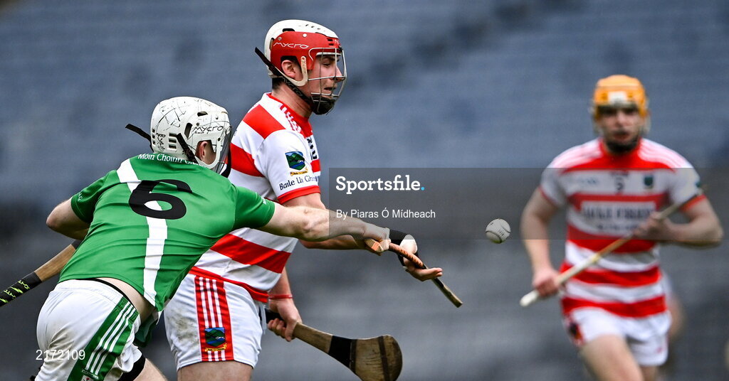 5 February 2022; Michael Walsh of Ballygiblin is tackled by Paul Henebery of Mooncoin during the AIB GAA Hurling All-Ireland Junior Club Championship Final match between Ballygiblin, Cork, and Mooncoin, Kilkenny, at Croke Park in Dublin. Photo by Piaras Ó Mídheach/Sportsfile
