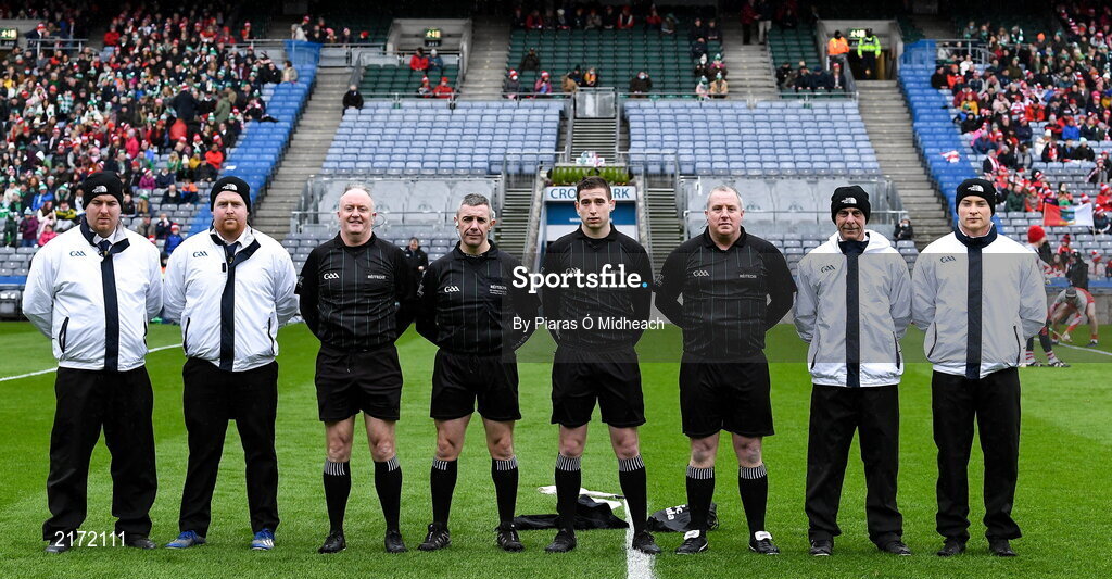 5 February 2022; Referee Brian Keon and his officials before the AIB GAA Hurling All-Ireland Junior Club Championship Final match between Ballygiblin, Cork, and Mooncoin, Kilkenny, at Croke Park in Dublin. Photo by Piaras Ó Mídheach/Sportsfile