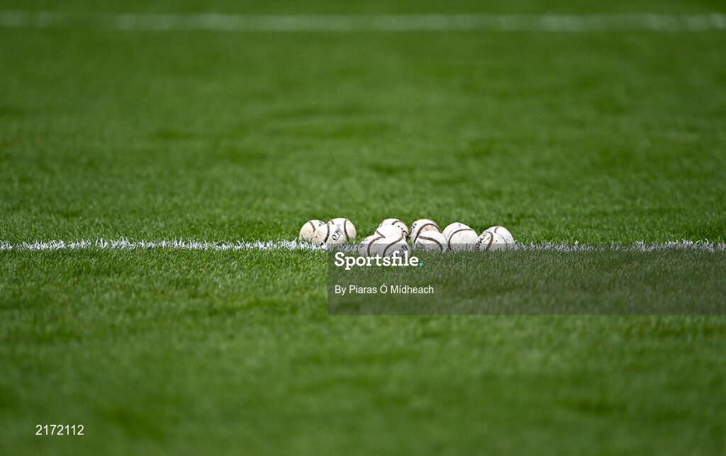 5 February 2022; A general view of sliotars on the pitch for the warm-up before the AIB GAA Hurling All-Ireland Junior Club Championship Final match between Ballygiblin, Cork, and Mooncoin, Kilkenny, at Croke Park in Dublin. Photo by Piaras Ó Mídheach/Sportsfile