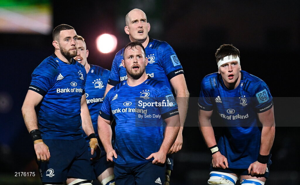 25 February 2022; Leinster players, from left, Josh Murphy, Dan Leavy, Ed Byrne, Devin Toner and Joe McCarthy during the United Rugby Championship match between Leinster and Emirates Lions at the RDS Arena in Dublin. Photo by Seb Daly/Sportsfile
