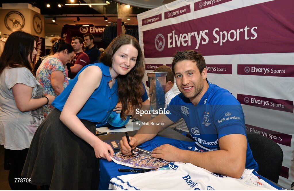 1 August 2013: Leinster's Kevin McLaughlin with Avril Conlon Kinsella, from Raheny, Dublin, at Canterbury's launch of the new Leinster 2013/14 jersey, hosted by Elverys Sports in Arnotts. Leinster will wear the new jersey in match action for the first time at home on Friday 30th August, when they come up against Northampton Saints in a friendly at the Donnybrook Stadium. Elverys Sports, Arnotts, Dublin. Picture credit: Matt Browne / SPORTSFILE