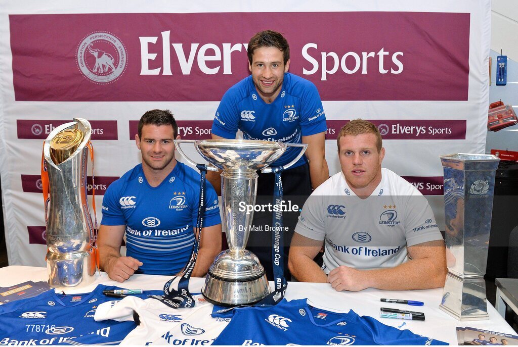 1 August 2013: Leinster players Fergus McFadden, left, Kevin McLaughlin and Sean Cronin, right, at Canterbury's launch of the new Leinster 2013/14 jersey, hosted by Elverys Sports in Arnotts. Leinster will wear the new jersey in match action for the first time at home on Friday 30th August, when they come up against Northampton Saints in a friendly at the Donnybrook Stadium. Elverys Sports, Arnotts, Dublin. Picture credit: Matt Browne / SPORTSFILE