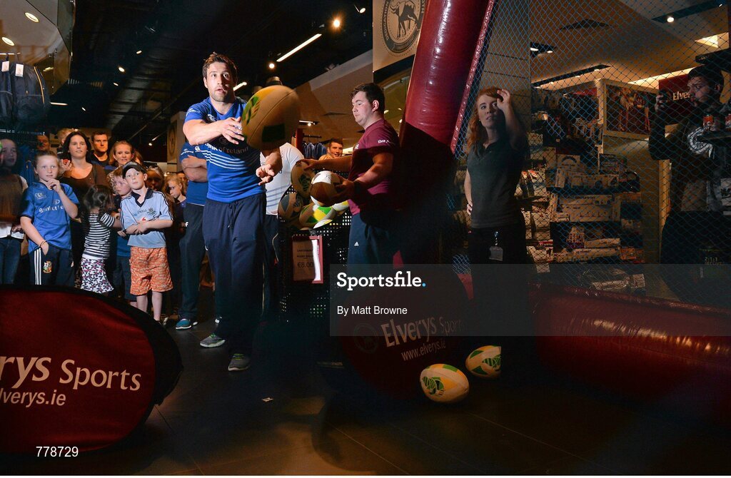 1 August 2013: Leinster's Kevin McLaughlin taking part in the Elverys Sports Rugby Challenge at Canterbury's launch of the new Leinster 2013/14 jersey, hosted by Elverys Sports in Arnotts. Leinster will wear the new jersey in match action for the first time at home on Friday 30th August, when they come up against Northampton Saints in a friendly at the Donnybrook Stadium. Elverys Sports, Arnotts, Dublin. Picture credit: Matt Browne / SPORTSFILE