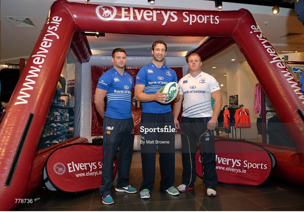 1 August 2013: Leinster players Fergus McFadden, left, Kevin McLaughlin and Sean Cronin, right, who took part in the Elverys Sports Rugby Challenge at Canterbury's launch of the new Leinster 2013/14 jersey, hosted by Elverys Sports in Arnotts. Leinster will wear the new jersey in match action for the first time at home on Friday 30th August, when they come up against Northampton Saints in a friendly at the Donnybrook Stadium. Elverys Sports, Arnotts, Dublin. Picture credit: Matt Browne / SPORTSFILE