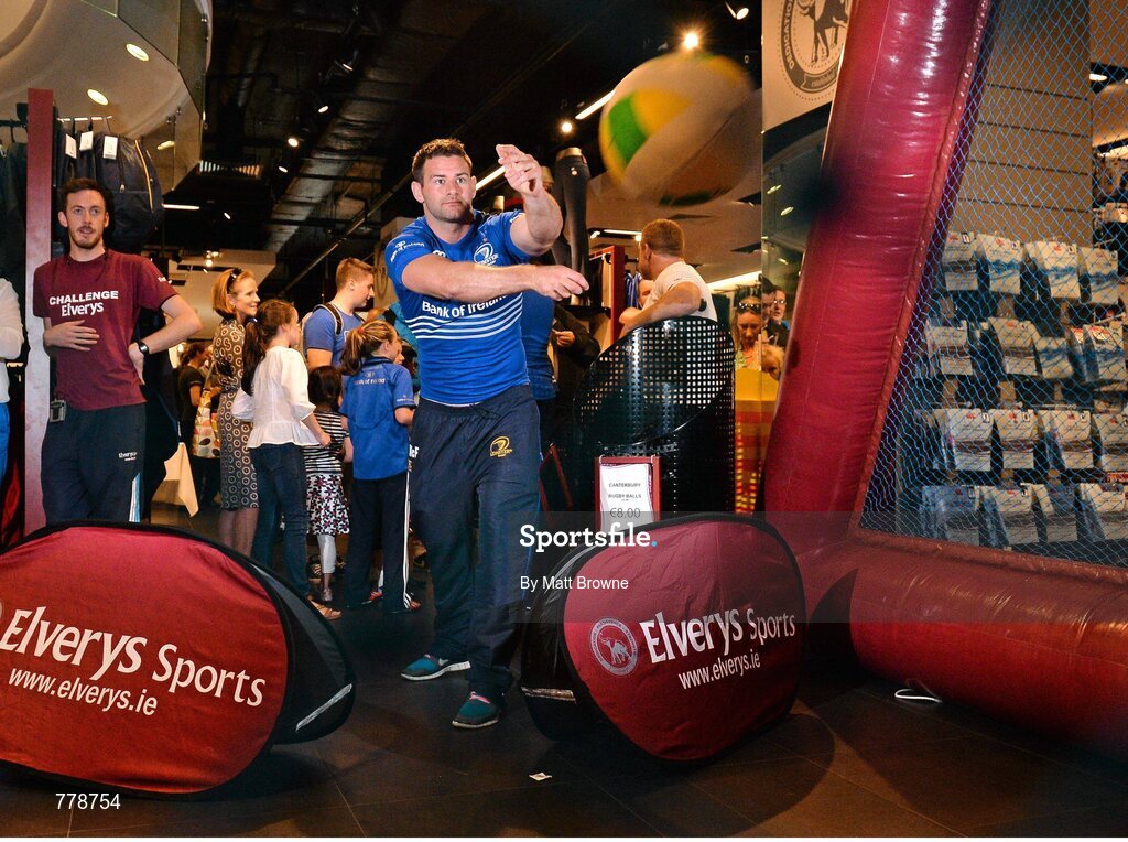 1 August 2013: Leinster's Fergus McFadden taking part in the Elverys Sports Rugby Challenge at Canterbury's launch of the new Leinster 2013/14 jersey, hosted by Elverys Sports in Arnotts. Leinster will wear the new jersey in match action for the first time at home on Friday 30th August, when they come up against Northampton Saints in a friendly at the Donnybrook Stadium. Elverys Sports, Arnotts, Dublin. Picture credit: Matt Browne / SPORTSFILE