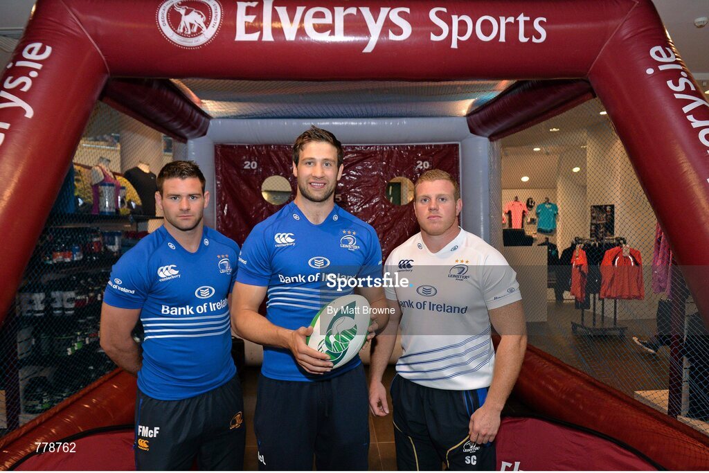 1 August 2013: Leinster players Fergus McFadden, left, Kevin McLaughlin and Sean Cronin, right, who took part in the Elverys Sports Rugby Challenge at Canterbury's launch of the new Leinster 2013/14 jersey, hosted by Elverys Sports in Arnotts. Leinster will wear the new jersey in match action for the first time at home on Friday 30th August, when they come up against Northampton Saints in a friendly at the Donnybrook Stadium. Elverys Sports, Arnotts, Dublin. Picture credit: Matt Browne / SPORTSFILE