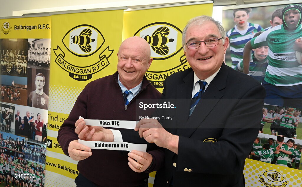6 March 2022; Bill Duggan, Towns Cup Tournament Director, left, and Leinster Rugby President John Walsh draw Ashbourne RFC and Naas RFC during the Bank of Ireland Leinster Rugby Provincial Towns Cup Second Round Draw at Balbriggan RFC in Balbriggan, Dublin. Photo by Ramsey Cardy/Sportsfile