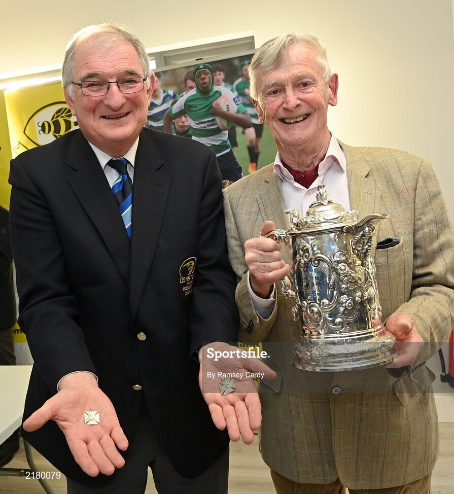 6 March 2022; Former Towns Cup winner with Balbriggan RFC, Hugh Cumisky, right, with Leinster Rugby President John Walsh during the Bank of Ireland Leinster Rugby Provincial Towns Cup Second Round Draw at Balbriggan RFC in Balbriggan, Dublin. Photo by Ramsey Cardy/Sportsfile