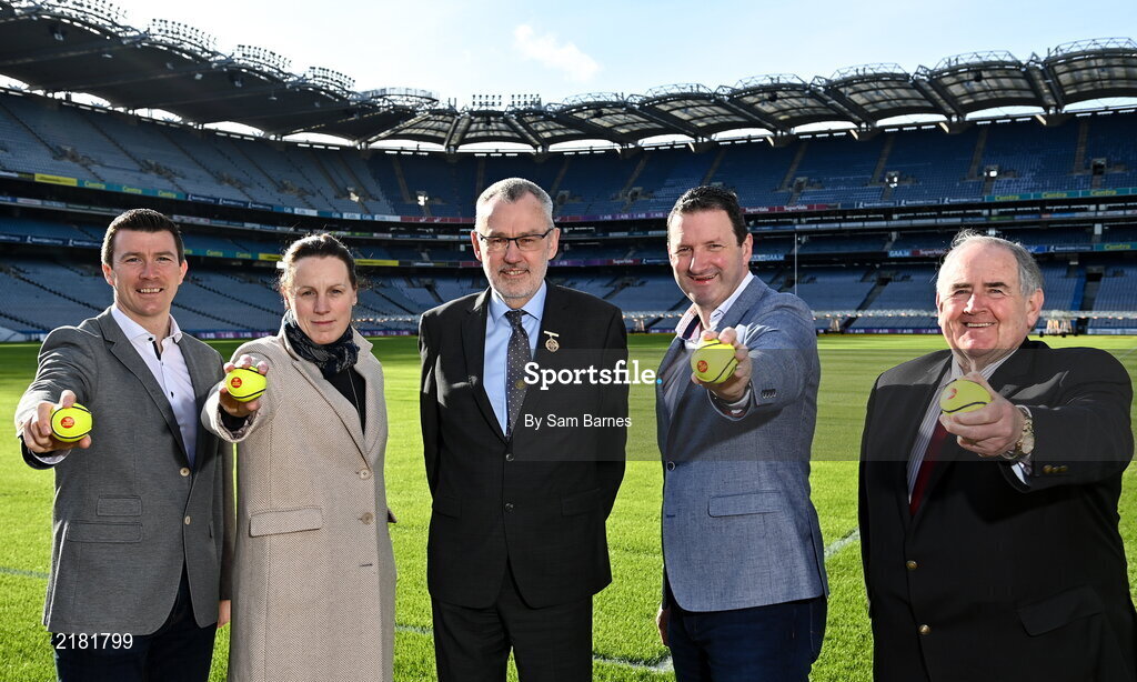 10 March 2022; Today the GAA launched the new GAA Smart Sliotar, which will be used in this years Under 20 hurling championship. The aim of the smart sliotar is to ensure consistency in performance, compliance with specifications, and to ensure it meets ethical standards of manufacture. In attendance at the launch are, from left, former Galway hurler Eoin McDonagh, Camogie Association Technical Development and Participation Manager Louise Conlon, Uachtarán Chumann Lúthchleas Gael Larry McCarthy, former Tipperary hurler Brendan Cummins and Chairman of the Smart Sliotar Work Group Ned Quinn at Croke Park in Dublin. Photo by Sam Barnes/Sportsfile