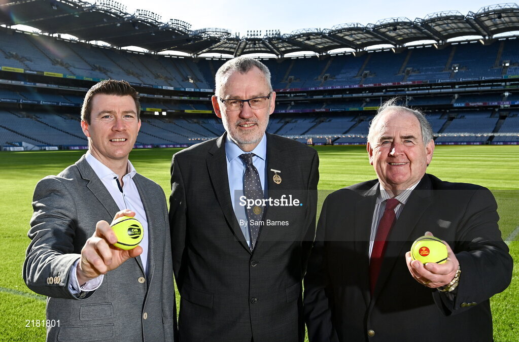 10 March 2022; Today the GAA launched the new GAA Smart Sliotar, which will be used in this years Under 20 hurling championship. The aim of the smart sliotar is to ensure consistency in performance, compliance with specifications, and to ensure it meets ethical standards of manufacture. In attendance at the launch are, from left, former Galway hurler Eoin McDonagh Uachtarán Chumann Lúthchleas Gael Larry McCarthy and Chairman of the Smart Sliotar Work Group Ned Quinn at Croke Park in Dublin. Photo by Sam Barnes/Sportsfile