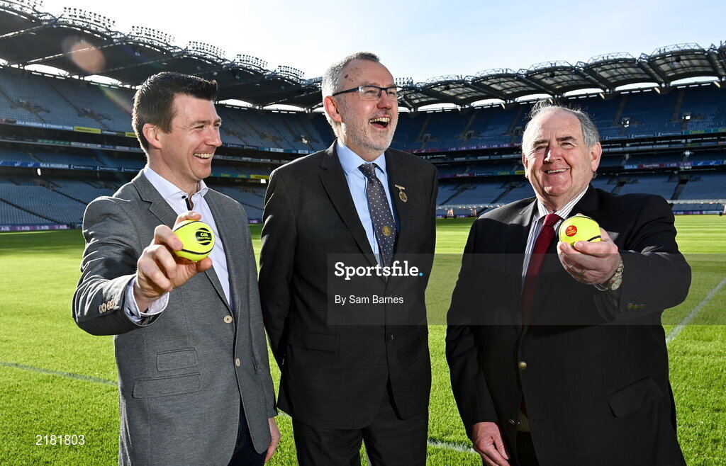 10 March 2022; Today the GAA launched the new GAA Smart Sliotar, which will be used in this years Under 20 hurling championship. The aim of the smart sliotar is to ensure consistency in performance, compliance with specifications, and to ensure it meets ethical standards of manufacture. In attendance at the launch are, from left, former Galway hurler Eoin McDonagh Uachtarán Chumann Lúthchleas Gael Larry McCarthy and Chairman of the Smart Sliotar Work Group Ned Quinn at Croke Park in Dublin. Photo by Sam Barnes/Sportsfile