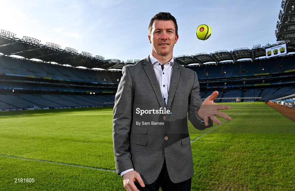 10 March 2022; Today the GAA launched the new GAA Smart Sliotar, which will be used in this years Under 20 hurling championship. The aim of the smart sliotar is to ensure consistency in performance, compliance with specifications, and to ensure it meets ethical standards of manufacture. In attendance at the launch is former Galway hurler Eoin McDonagh at Croke Park in Dublin. Photo by Sam Barnes/Sportsfile