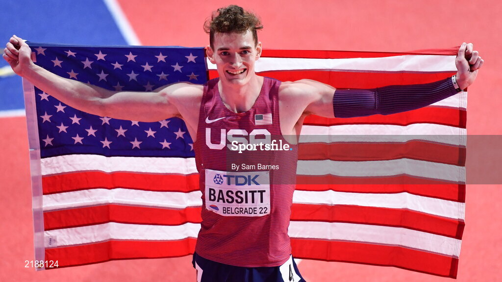 19 March 2022; Trevor Bassitt of USA celebrates aftering finishing second in the men's 400m final during day two of the World Indoor Athletics Championships at the Stark Arena in Belgrade, Serbia. Photo by Sam Barnes/Sportsfile