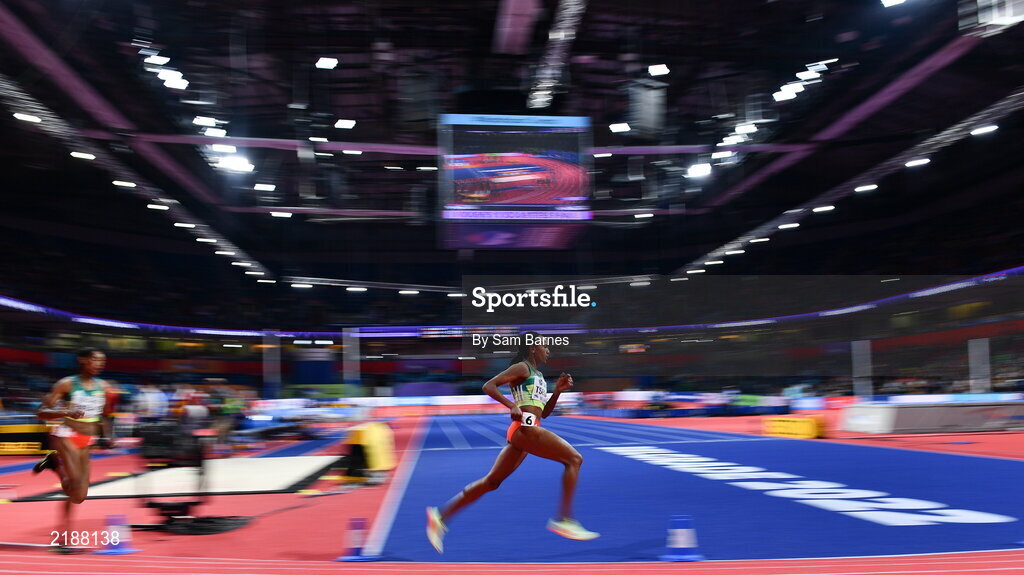 19 March 2022; Gudaf Tsegay of Ethiopia, on her way to winning the women's 1500m during day two of the World Indoor Athletics Championships at the Stark Arena in Belgrade, Serbia. Photo by Sam Barnes/Sportsfile