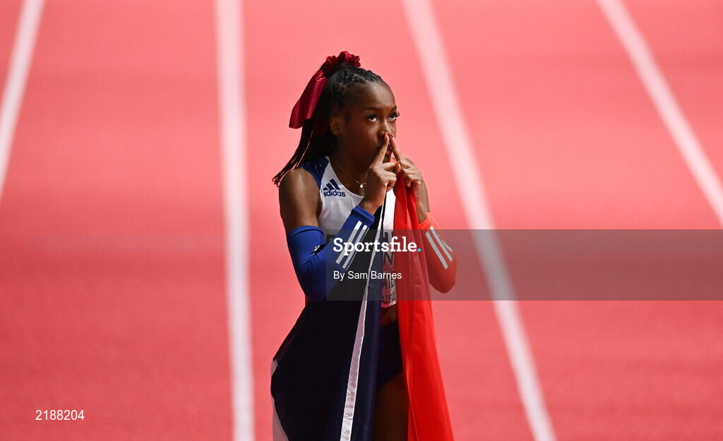 19 March 2022; Cyréna Samba-Mayela of France celebrates after winning the women's 60m hurdles final during day two of the World Indoor Athletics Championships at the Stark Arena in Belgrade, Serbia. Photo by Sam Barnes/Sportsfile