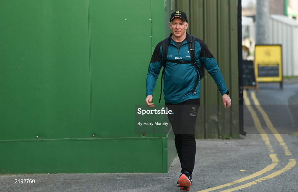 26 March 2022; Connacht head coach Andy Friend arrives before the United Rugby Championship match between Connacht and Leinster at the Sportsground in Galway. Photo by Harry Murphy/Sportsfile