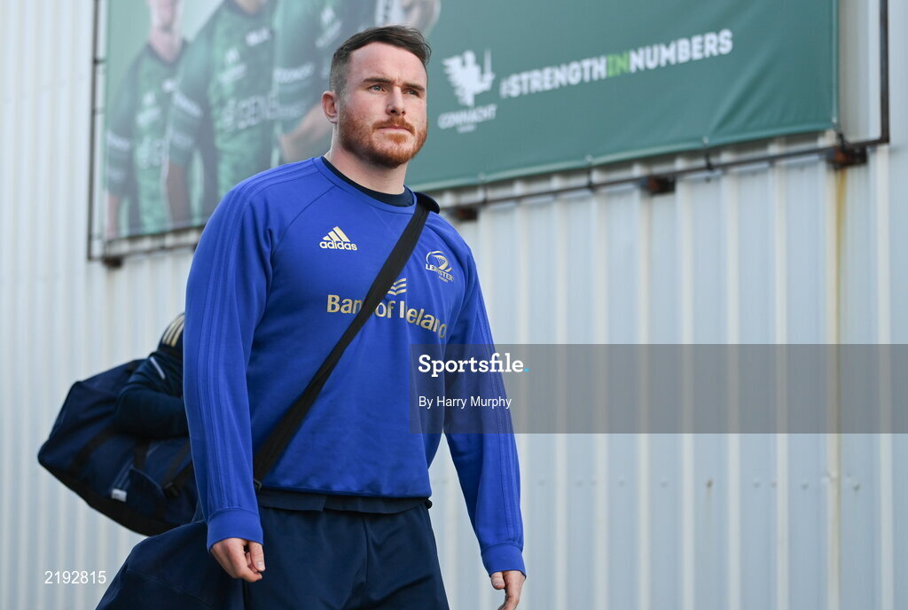26 March 2022; Peter Dooley of Leinster arrives before the United Rugby Championship match between Connacht and Leinster at the Sportsground in Galway. Photo by Harry Murphy/Sportsfile