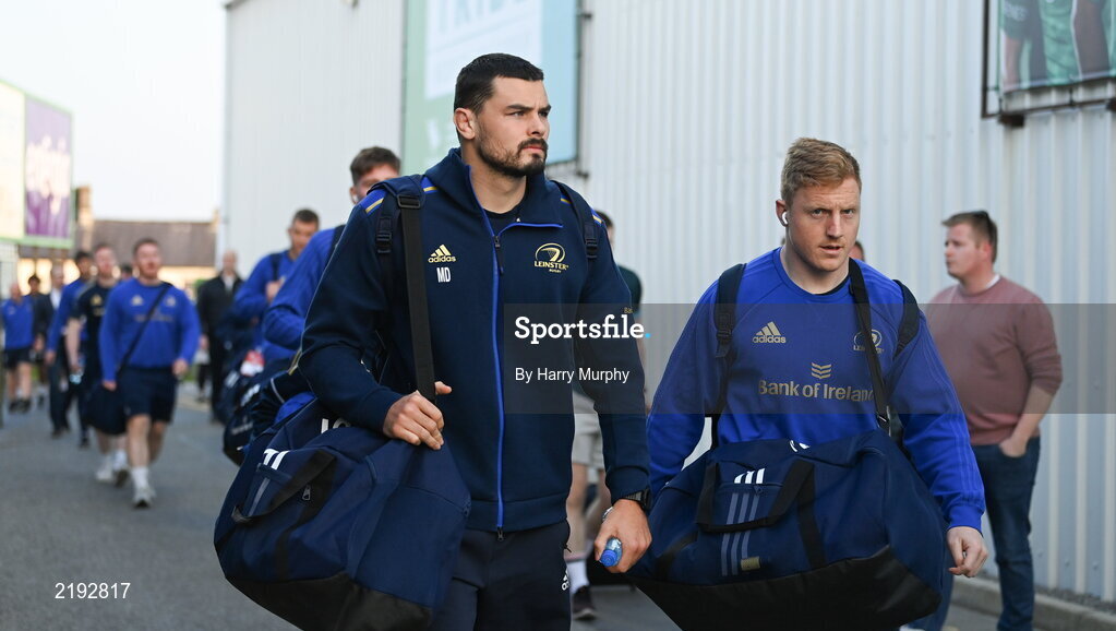 26 March 2022; Max Deegan and James Tracy of Leinster arrive before the United Rugby Championship match between Connacht and Leinster at the Sportsground in Galway. Photo by Harry Murphy/Sportsfile
