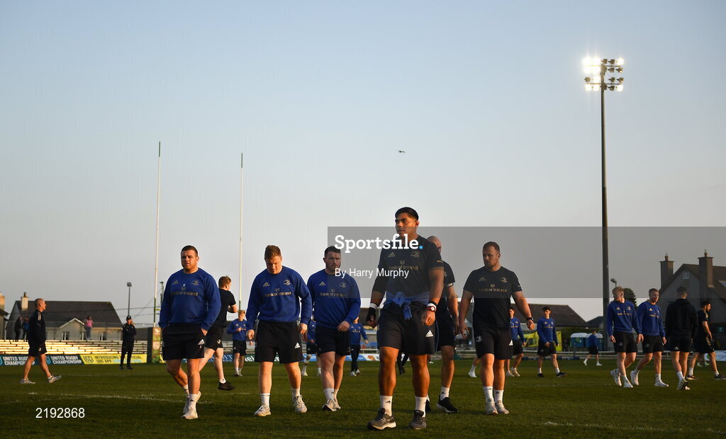 26 March 2022; Leinster players including Michael Ala'alatoa walk the pitch before the United Rugby Championship match between Connacht and Leinster at the Sportsground in Galway. Photo by Harry Murphy/Sportsfile
