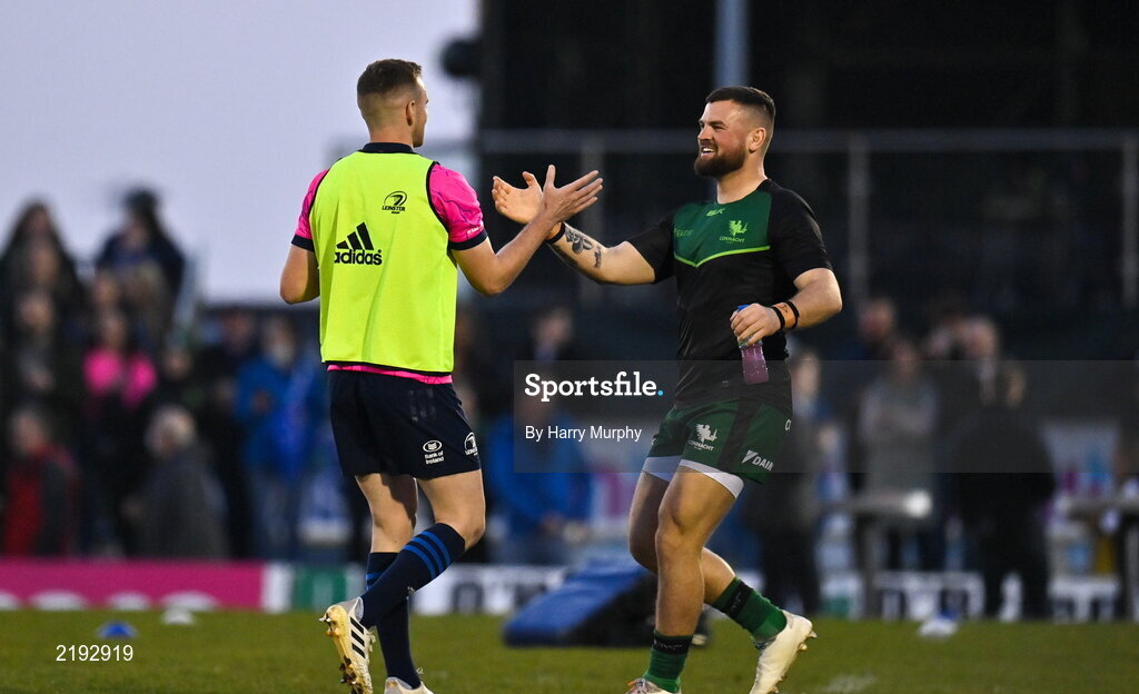 26 March 2022; Conor Oliver of Connacht and Nick McCarthy of Leinster embrace before the United Rugby Championship match between Connacht and Leinster at the Sportsground in Galway. Photo by Harry Murphy/Sportsfile