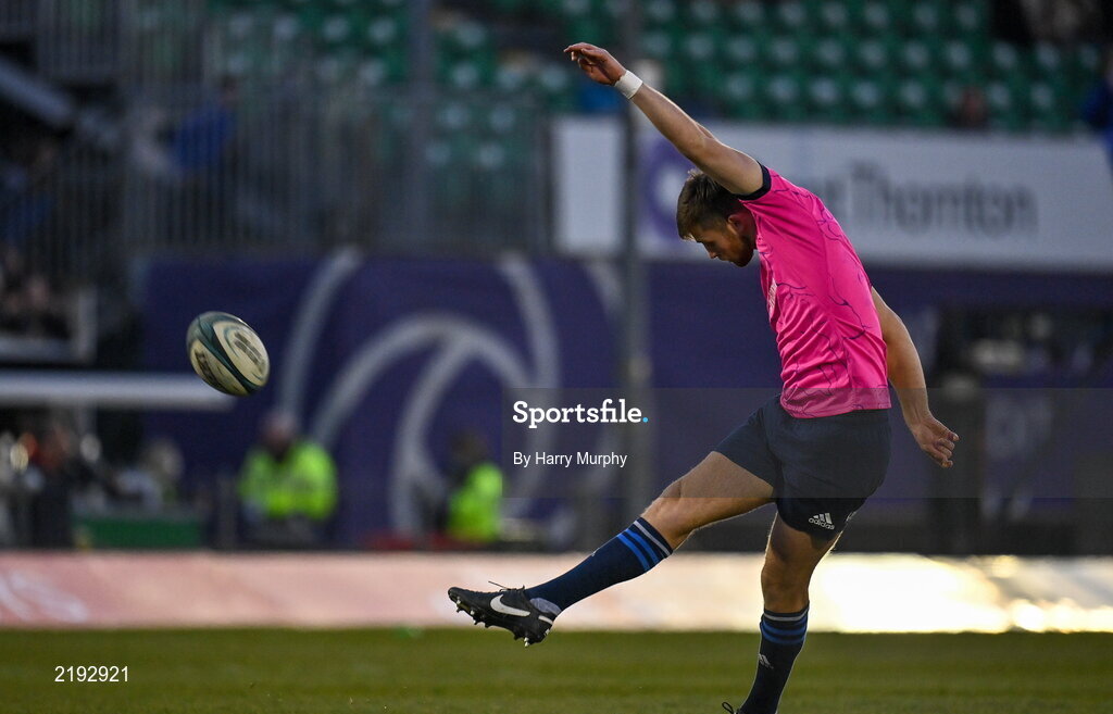 26 March 2022; Ross Byrne of Leinster warms up before the United Rugby Championship match between Connacht and Leinster at the Sportsground in Galway. Photo by Harry Murphy/Sportsfile