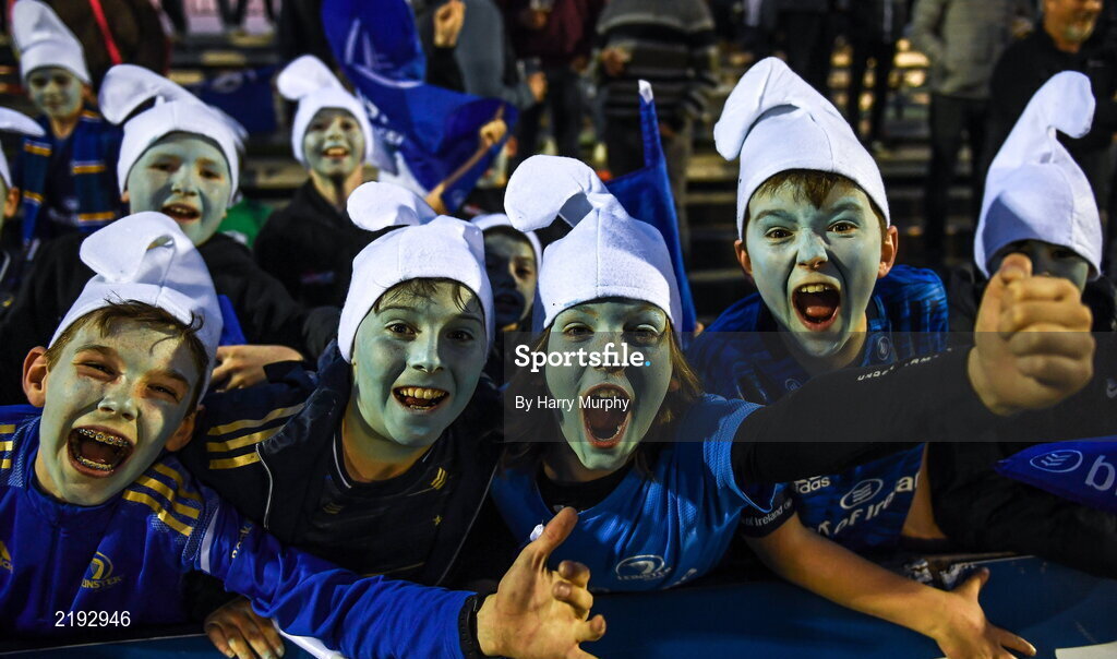 26 March 2022; Leinster supporters from Malahide Rugby Club dressed as Smurfs show their support before the United Rugby Championship match between Connacht and Leinster at the Sportsground in Galway. Photo by Harry Murphy/Sportsfile
