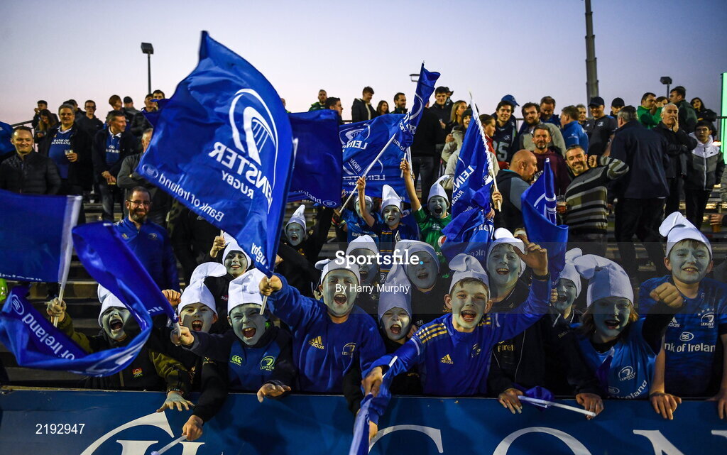 26 March 2022; Leinster supporters from Malahide Rugby Club dressed as Smurfs show their support before the United Rugby Championship match between Connacht and Leinster at the Sportsground in Galway. Photo by Harry Murphy/Sportsfile